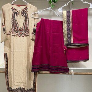 Cream colored Satin palazzo pant set with dupatta.